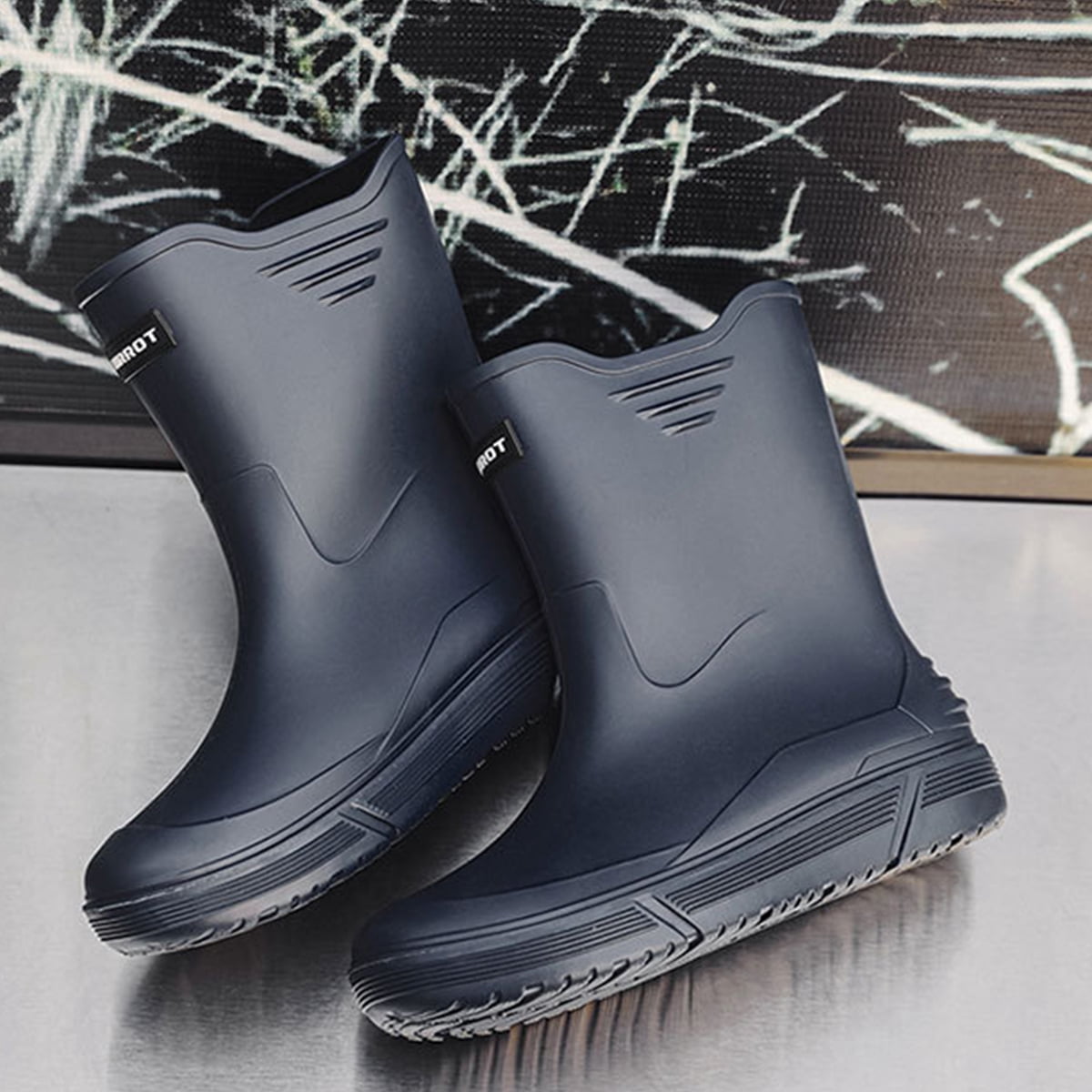 Rain Boots for Men, Non-Slip Waterproof Rubber Boots Outdoor Garden Mid Calf Muck Work Shoes Rainboots for Fishing Climbing, Size 8