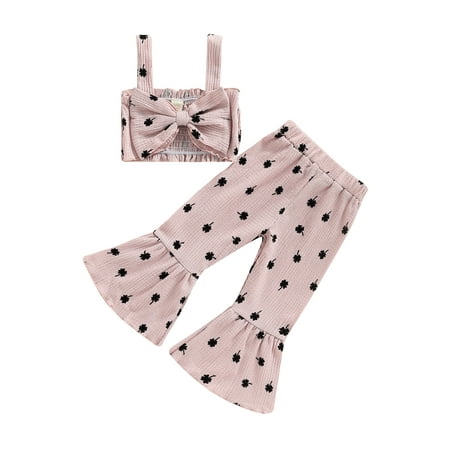 

Ma&Baby Toddler Baby Girls Summer Clothes Set Four-Leaf Clover Print Bowknot Vest + Flare Pants Outfits