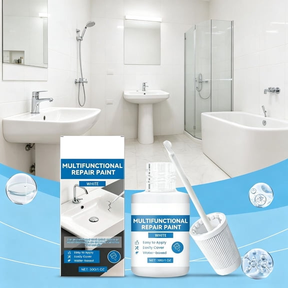 White Water-Based Touch Up Paint with Built-in Brush, Multi-Use Scratch & Chip Cover for Porcelain Ceramic Acrylic Sink Bathtub Tile, Quick Apply Bathroom Kitchen Refinish Kit for Home