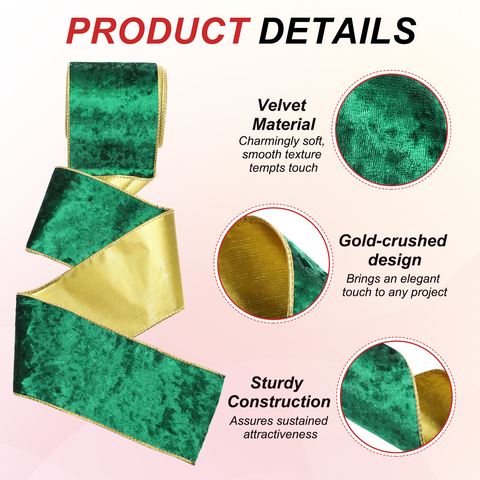 Uxcell 4" x 10 Yards Velvet Wired Gold Crushed Ribbon for Bow Decor Green