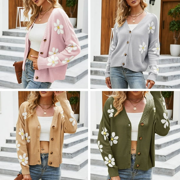 Fashion Knitted Women Sweater Cardigan Floral Button Down Long Sleeve V Neck Outwear Cozy Casual Loose Winter Knitwear Coat