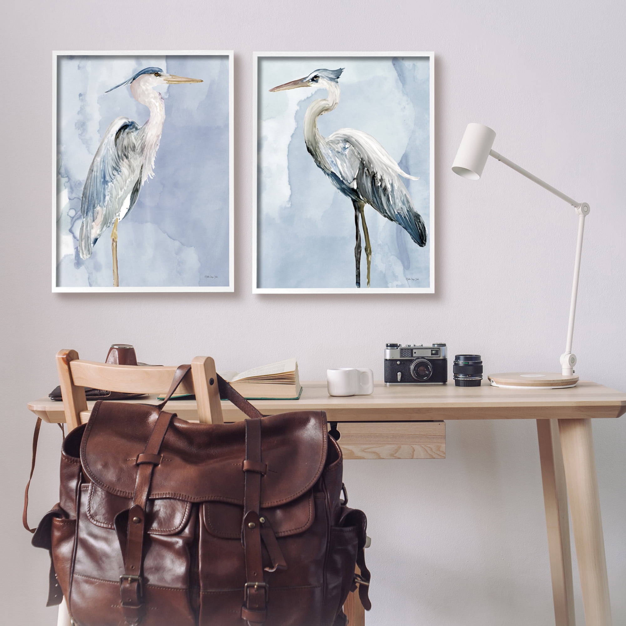 Stupell Industries Heron Birds Standing Blue Sky Watercolor Painting White Framed Art Print Wall Art Set of 2, 24x30, by Stellar Design Studio
