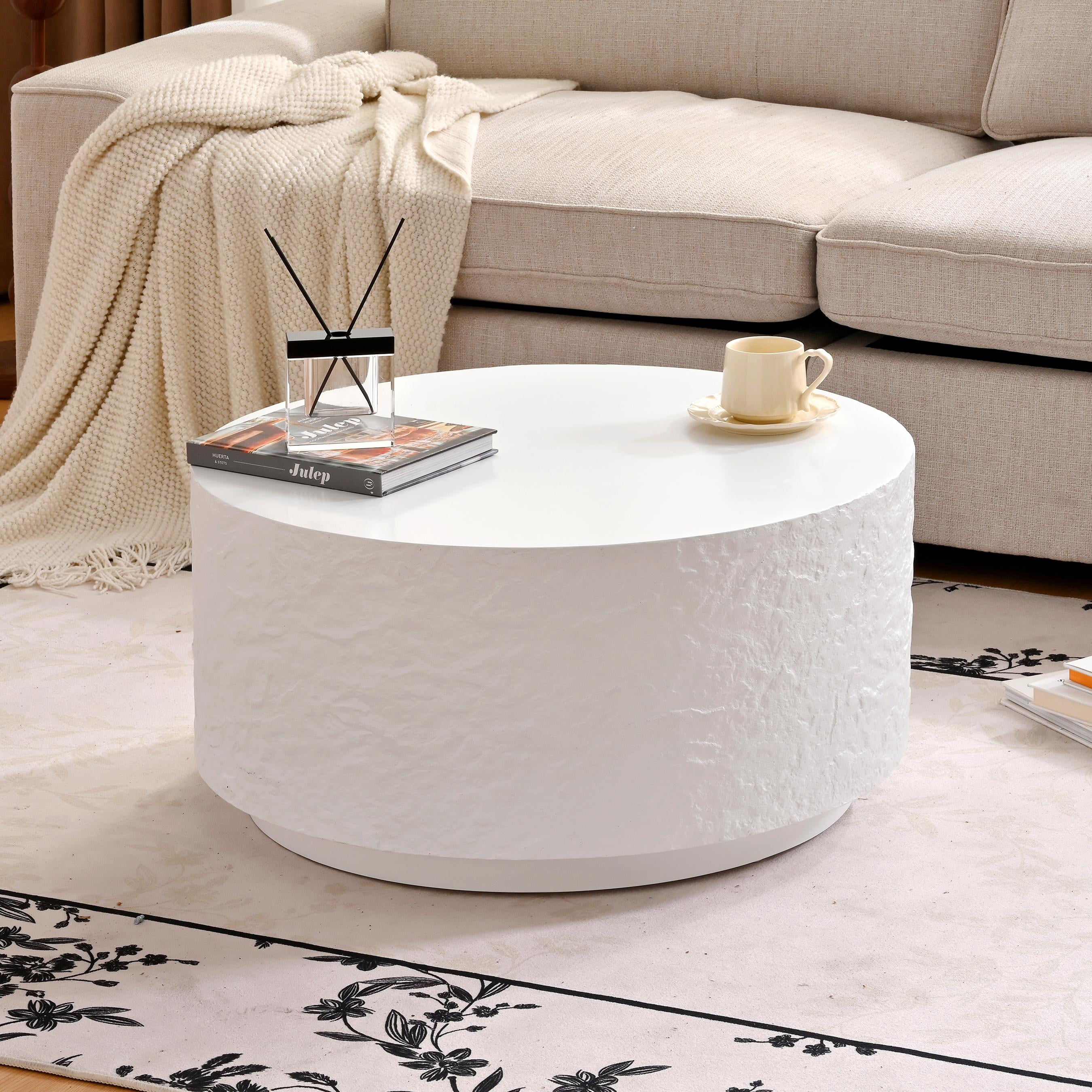 Euroco 27.5" Round Coffee Table with Imitation Stone Design, Modern Drum Center Table With Pure Smooth Tabletop, Cement Stone Pattern End Table for Living Room, Bedroom