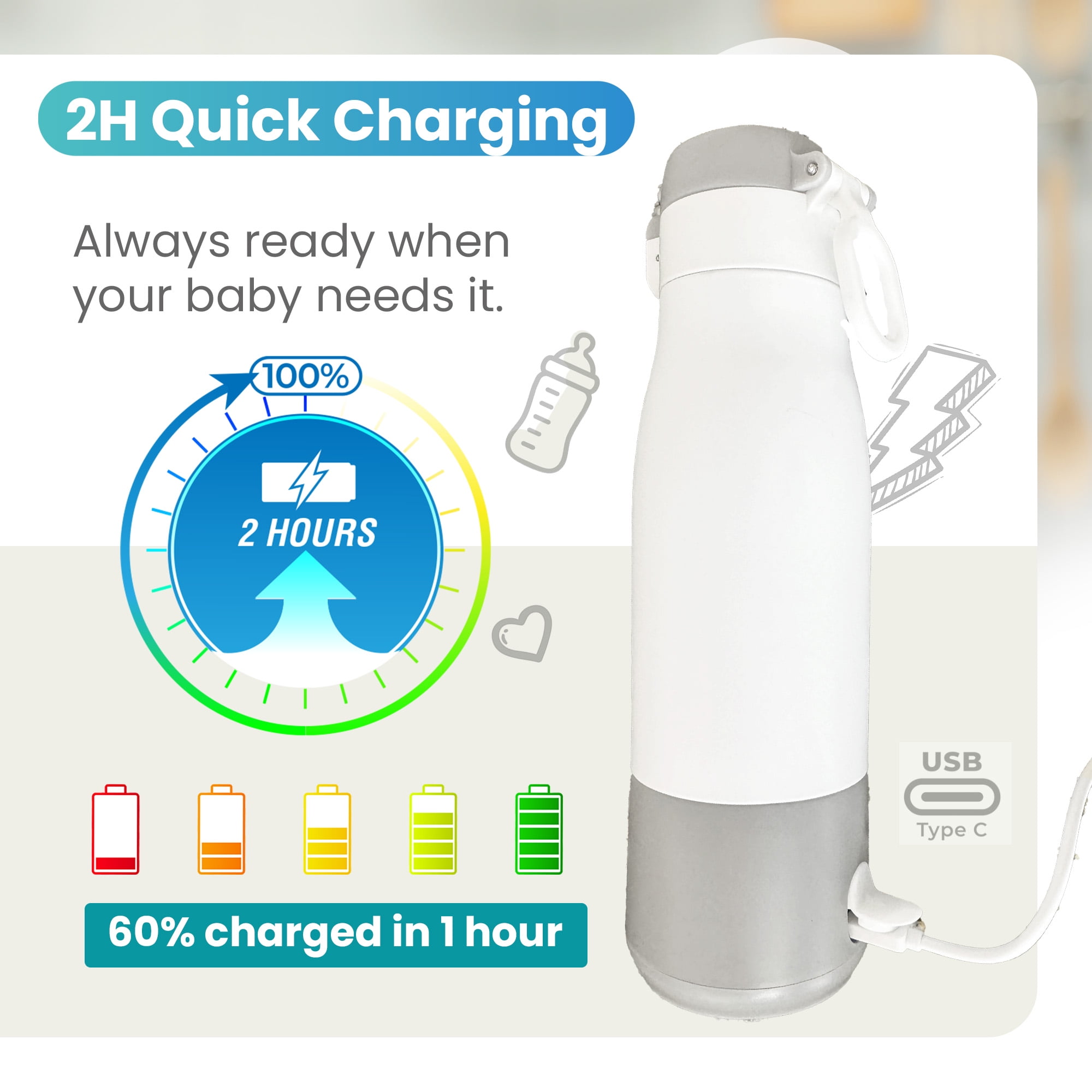 Portable Milk Warmer for Travel, Bottle Warmer for Breastmilk and Formula, Milk Warmer On-The-Go, Large Capacity 12 oz. with LED Temp Control, Wireless for Bottle Feeding (Grey)