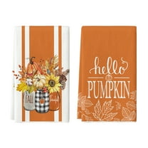 Sm:)e Floral Hello Pumpkin Fall Leaves Orange Thanksgiving Kitchen Dish Towels 18x26 Inch Set of 2