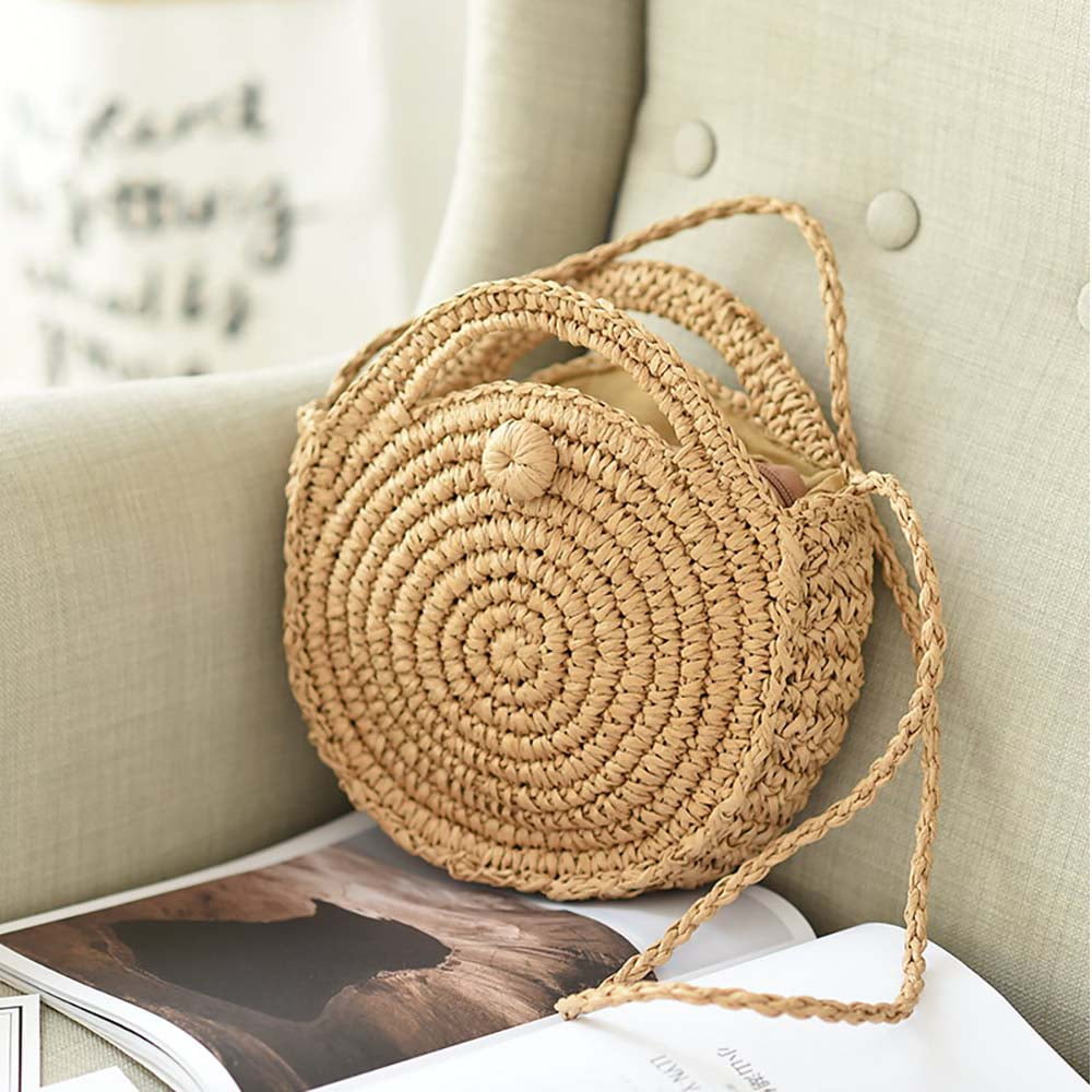 Handwoven Round Rattan Bag Women Beach Straw Woven Crossbody Bag Purse Handbag Shoulder Bag with Leather Strap