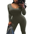 thumbnail image 3 of Women Long Jumpsuit Solid Color Long Sleeve U Neck Slim Bodysuit, 3 of 7