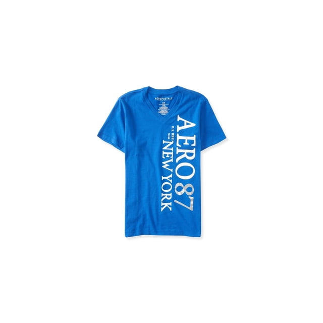 Aeropostale - Camiseta gráfica con logotipo vertical desgastado para hombre, azul, extra pequeña Aeropostale Camiseta gráfica