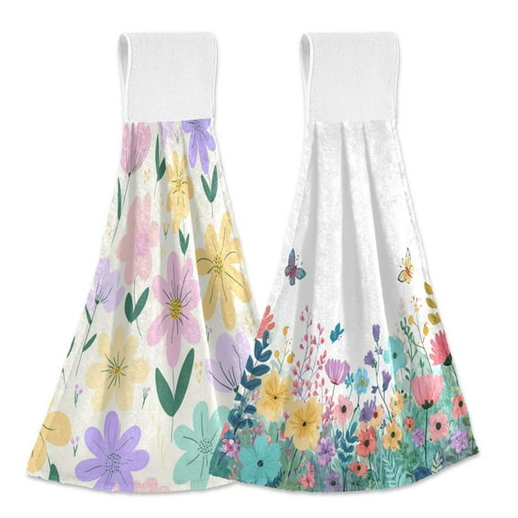 Different Design 2pcs Loop Hanging Bathroom Kitchen Hand Towel Colorful Spring Flowers Colorful Flowers and Butterflies