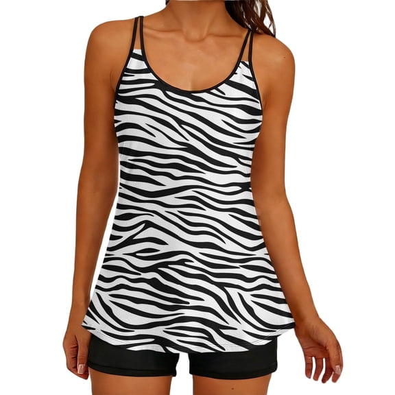 Levmjia Women's Strappy Adjustable Printed Built - in Bra Tankini Swimsuit Set, 2XL Polyester Summer Beach Swimwear, High Waist Bottoms for Women Plus Size