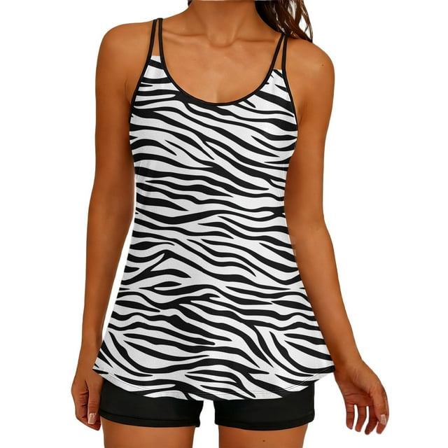 Women's Tankini Swim Set Printed Adjustable Tank Top & Swim Shorts, Modest Two Piece with Removable Pads