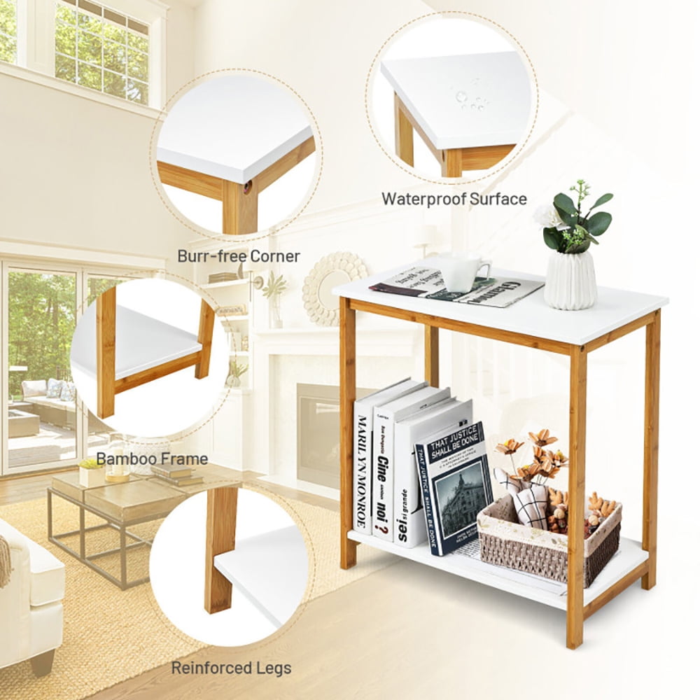 Finihen End Table, 23 Inch Height 2-tier End Table with Bamboo Frame and Bottom Shelf, Sofa Side Table, Bed Side Table, for Living Room, Bedroom, White Finihen End Table, 23 Inch Height 2-tier End Table with Bamboo Frame and Bottom Shelf, Sofa Side Table, Bed Side Table, for Living Room, Bedroom, White