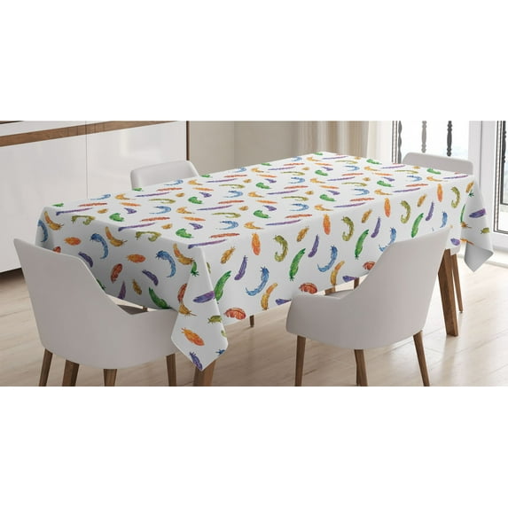Feather Tablecloth, Repetitive Colorful Minimalist Romantic Plume Print, Rectangle Satin Table Cover Accent for Dining Room and Kitchen, 60" X 90", Multicolor, by Ambesonne