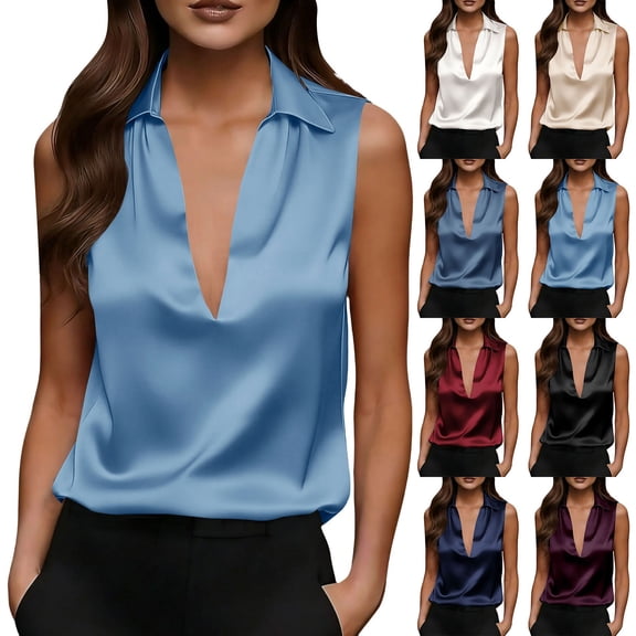 VJGBEGW Women Elegant Satin Collared Sleeveless Blouses Deep V Neck Silky Tank Tops Loose Fit Camis Shirts Tops Beige L