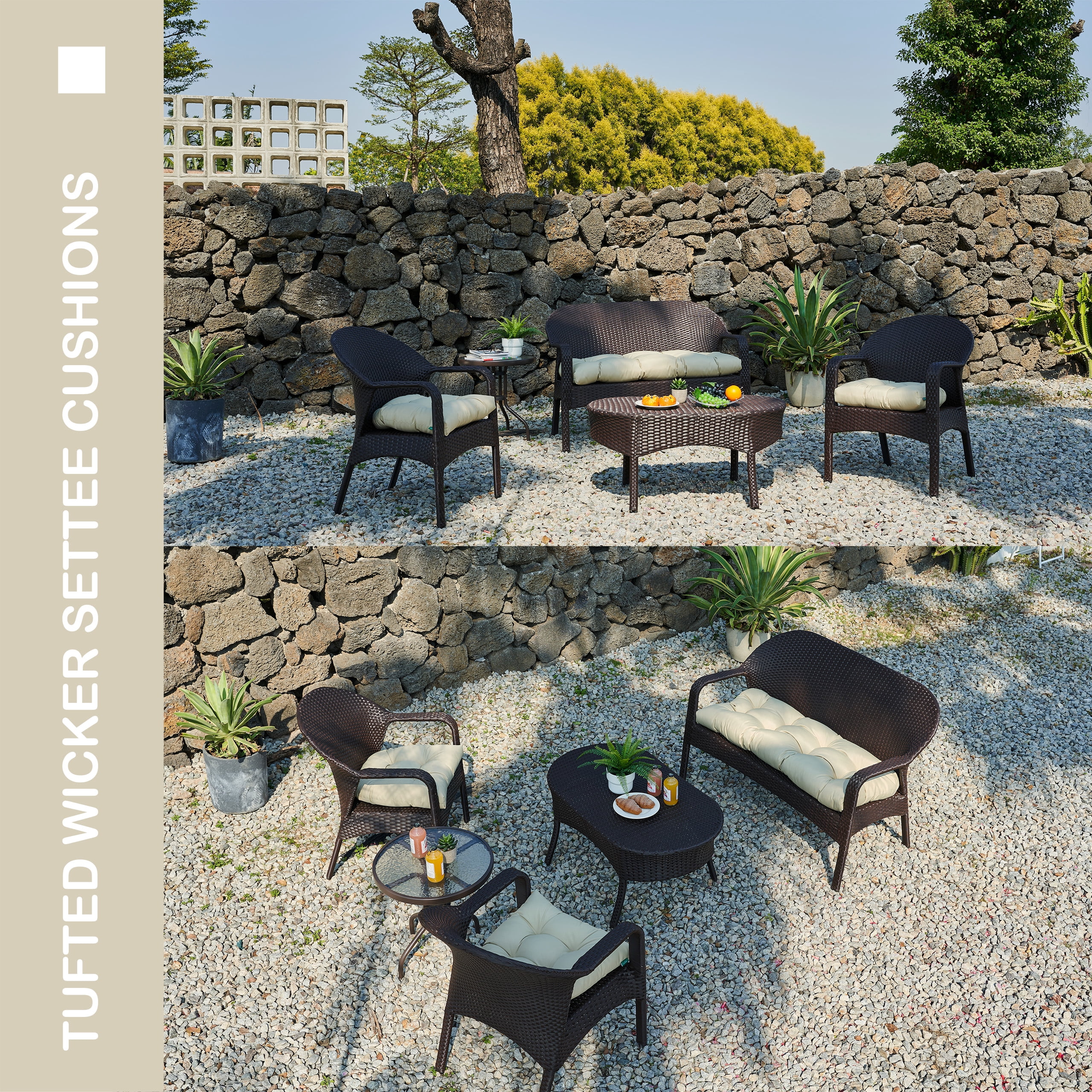 YOOZEKU Outdoor Tufted Wicker Chair Cushions of 3 Pieces, 1 Loveseat and 2 U-Shape All Weather Waterproof Patio Seat Cushions for Wicker Furniture,Bench, Beige