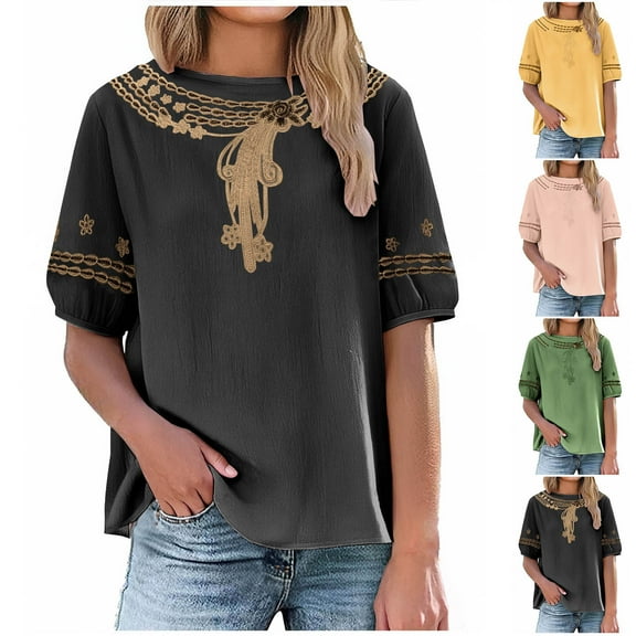 Otvok Womens Cotton and Linen T-Shirt Printed Plus Size Short Sleeved Round Neck Tops