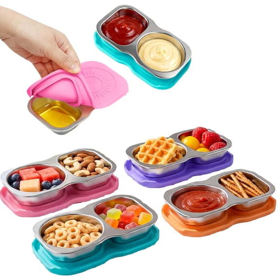 4-Pack Stainless Steel Snack Containers with Lid, Salad Dressing Container To Go, 5.3Oz 2-Compartment Small Condiment Container with Leak Proof Silicone Lid, Perfect Size Reusable Sauce Cup Snack Box