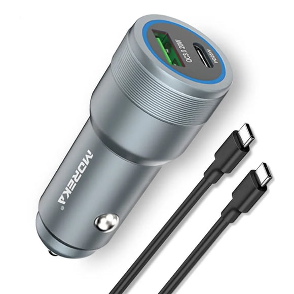 Cargador Automóvil Carga Turbo QC 3.0 Dual USB y Tipo C Cable Tipo C a C Moreka CP0088 45W Gris