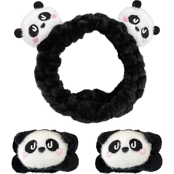 wonima11 Spa Headband Wrist Bands for Washing Face, 3 Pcs Black White Panda Face Wash Headbands, Kawaii Panda Headband with Arm Bands, Cute Animal Spa Makeup Skincare Headbands with Wristbands