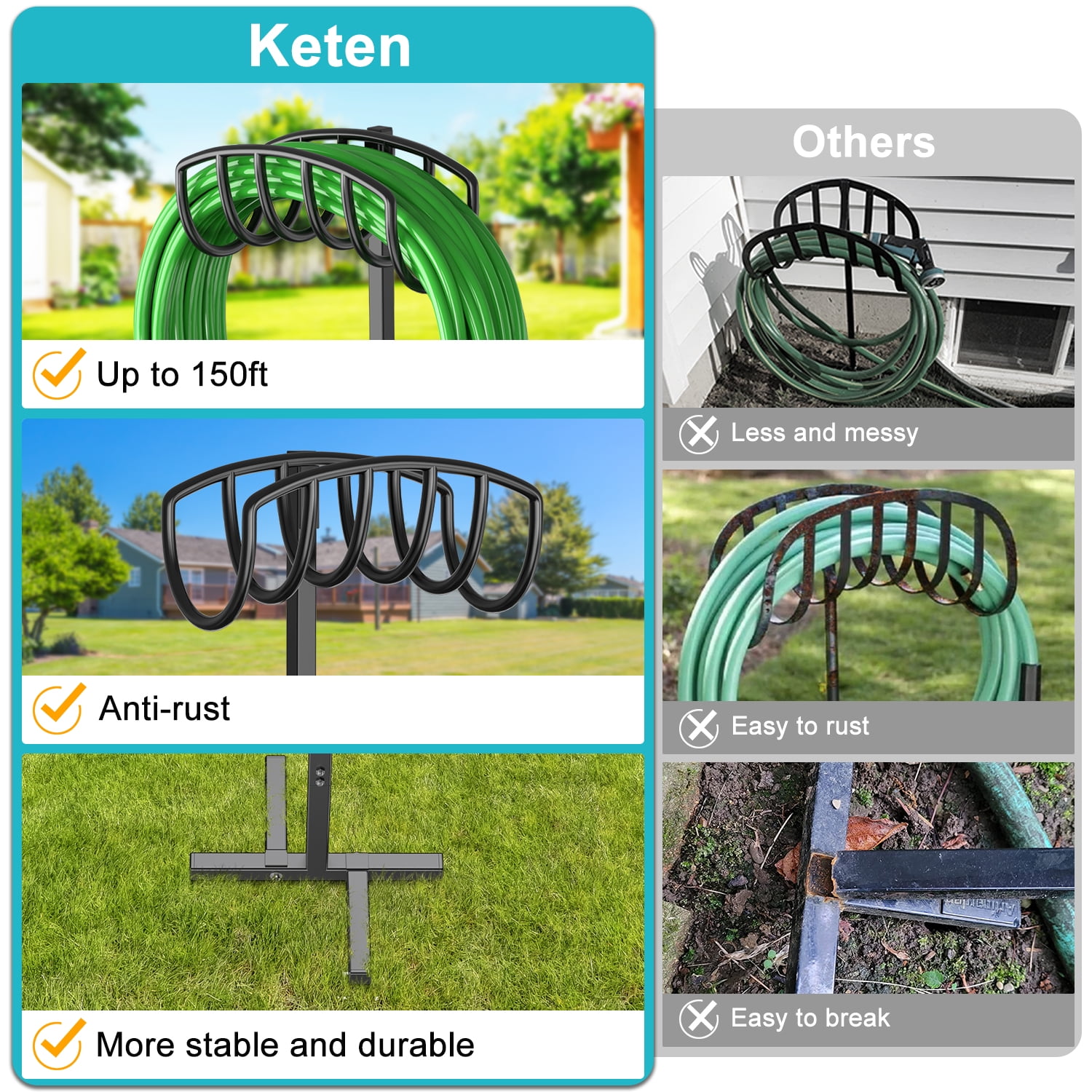 Garden Hose Holder Water Hose Stand Freestanding Metal Hose Hanger, 4-Prongs Base Detachable Heavy Duty Hose Storage Stand for Outdoor