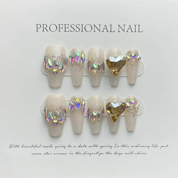ADITYSHOP - Handmade Diamond Dust & Golden Love Press-On Nails Large, Kit included