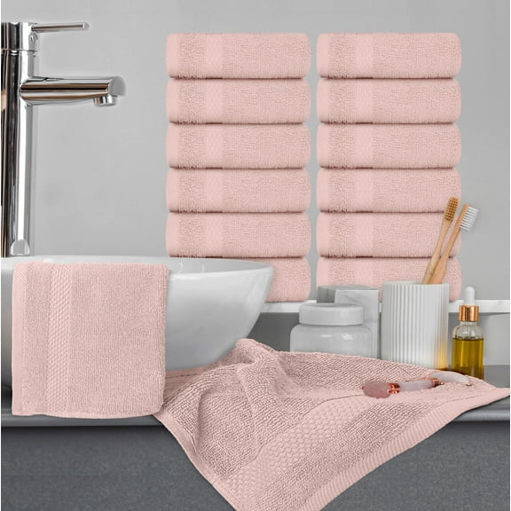 White Classic Luxury Cotton 12 Pc Washcloth Set, Hotel Style Small Bath Towel and Face Cloth 13x13, Soft Washcloths 12 Pack, Plush High Absorbent Wash Clothes, Bathroom Face Towels, Pink Towels