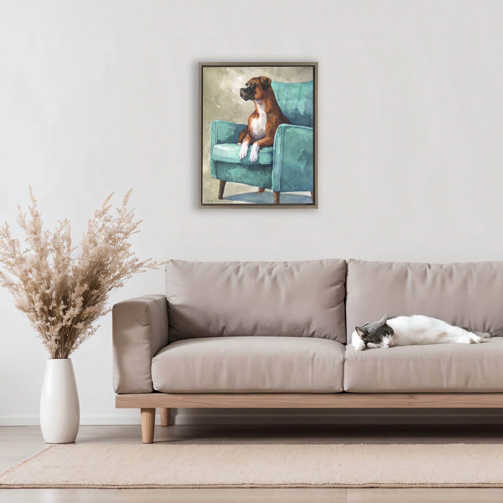 Stupell Industries Majesty Boxer on Armchair Brown Framed Floater Canvas Wall Art, design by George Dyachenko