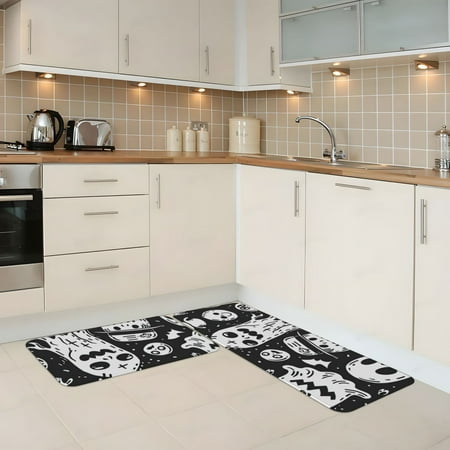 Kitchen Mats for Floor 2 Piece - Black White Spooky Ghosts Anti Fatigue Mats for Kitchen Floor Kitchen Rugs Non Slip Washable Mat for Home Kitchen Decor