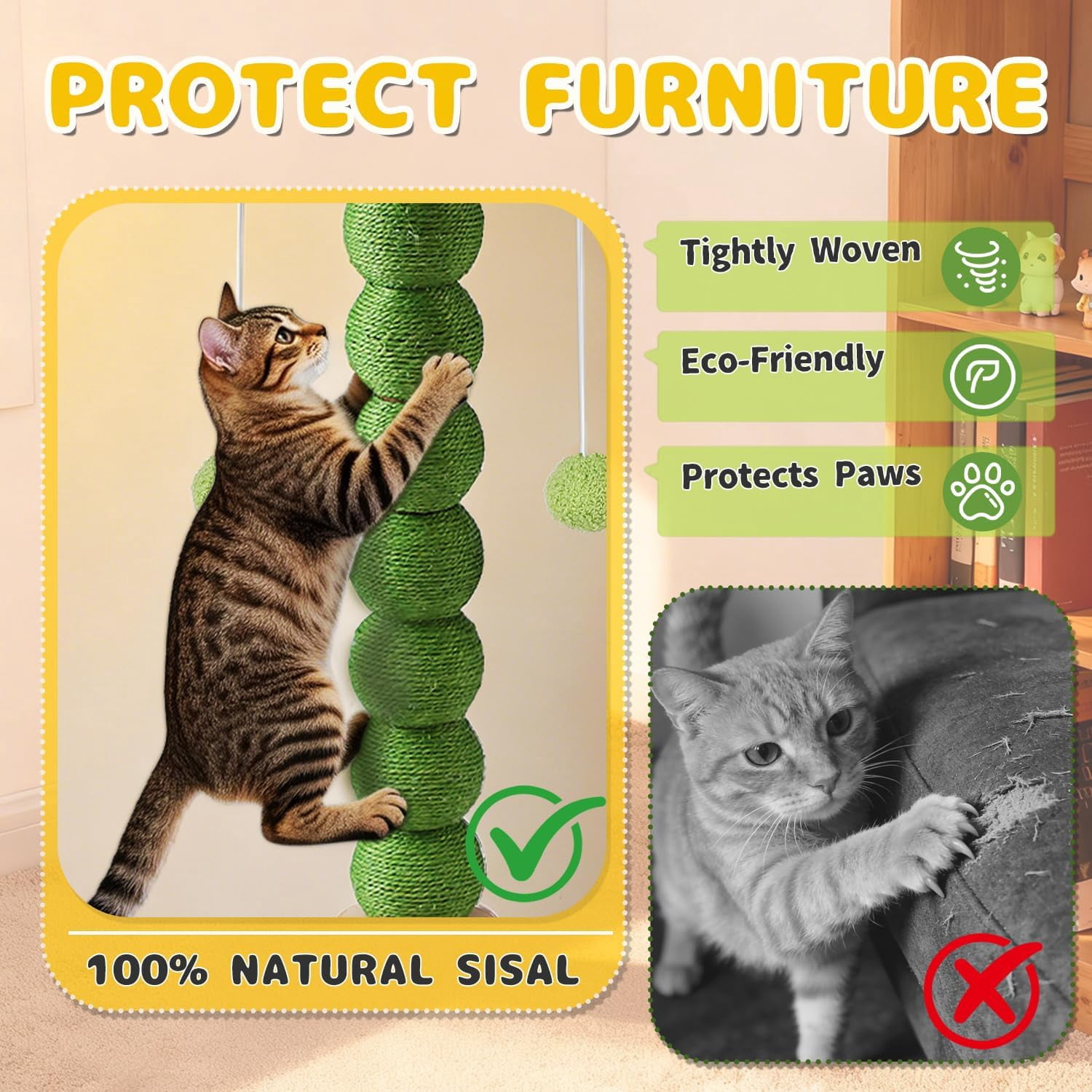 41 Inch Tall  Scratching Post with Rotating Ball and Wood Toy for Indoor Cats