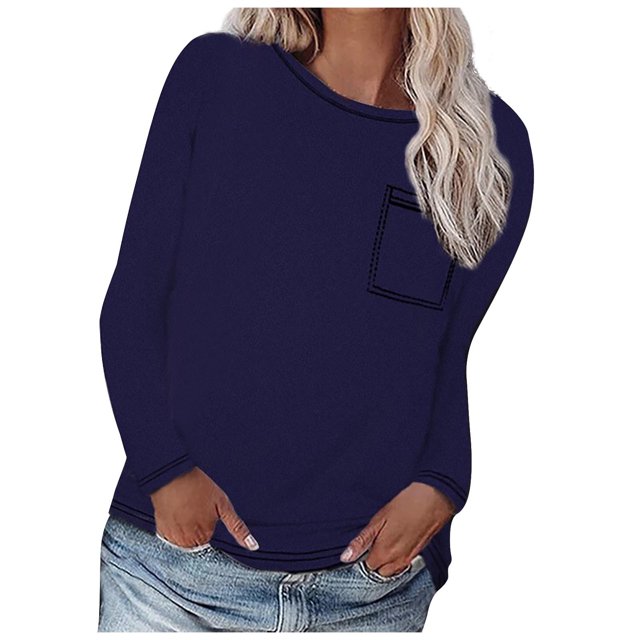 Yuyuzo Plus Size Tops for Women Crew Neck Long Sleeve Solid Color Loose Casual Fall Basic Tees Tunic Top with Pockets