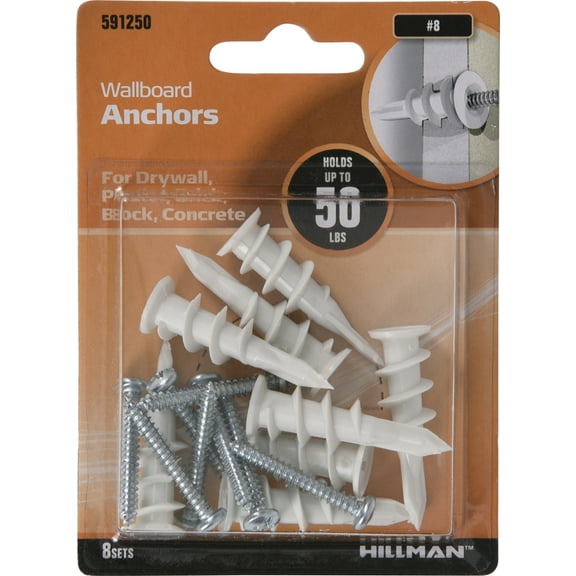 Hillman 591250 #8 Diameter Nylon Wallboard Anchors with Screws, (50lb) 8 Set