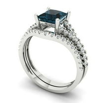 3.36 ct Brilliant Princess Cut Natural London Blue Topaz 18K White Gold Solitaire with Accents Engagement Bridal Wedding Ring Band Set size 10.75