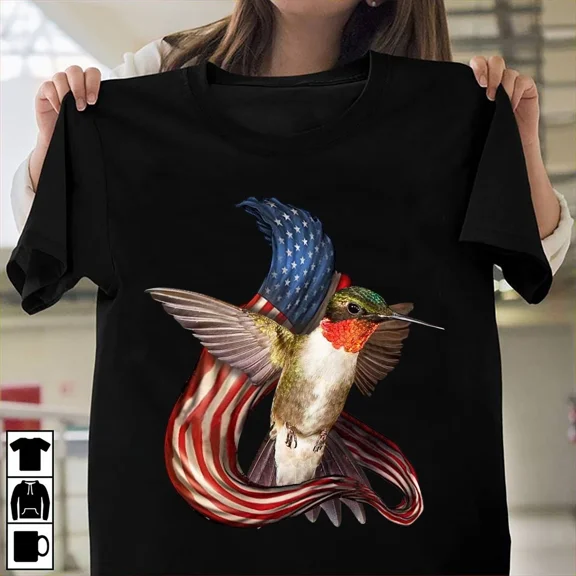 Hummingbird Patriotic Symbol, USA Independence Day Theme Bird Unisex T-Shirt, up to size 5XL