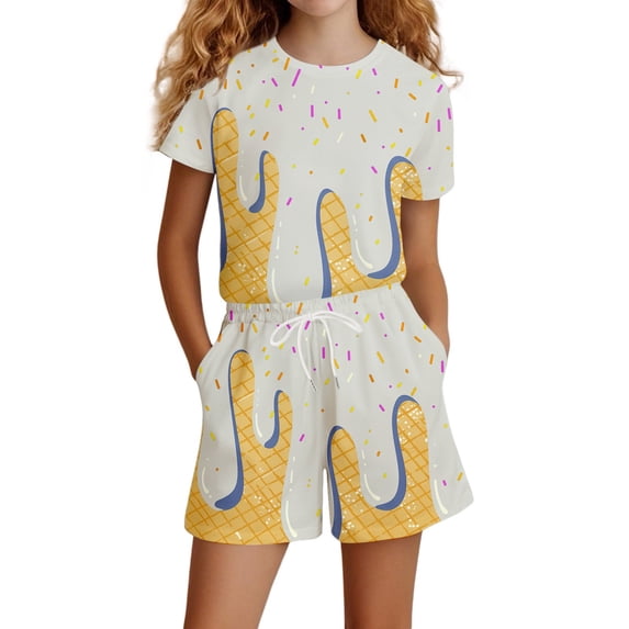 REDARER Girls Summer Outfits Casual Ice Print Short Sleeve Shorts Set Playful Toddler Matching Outfit for Daily Wear,5-6 Years