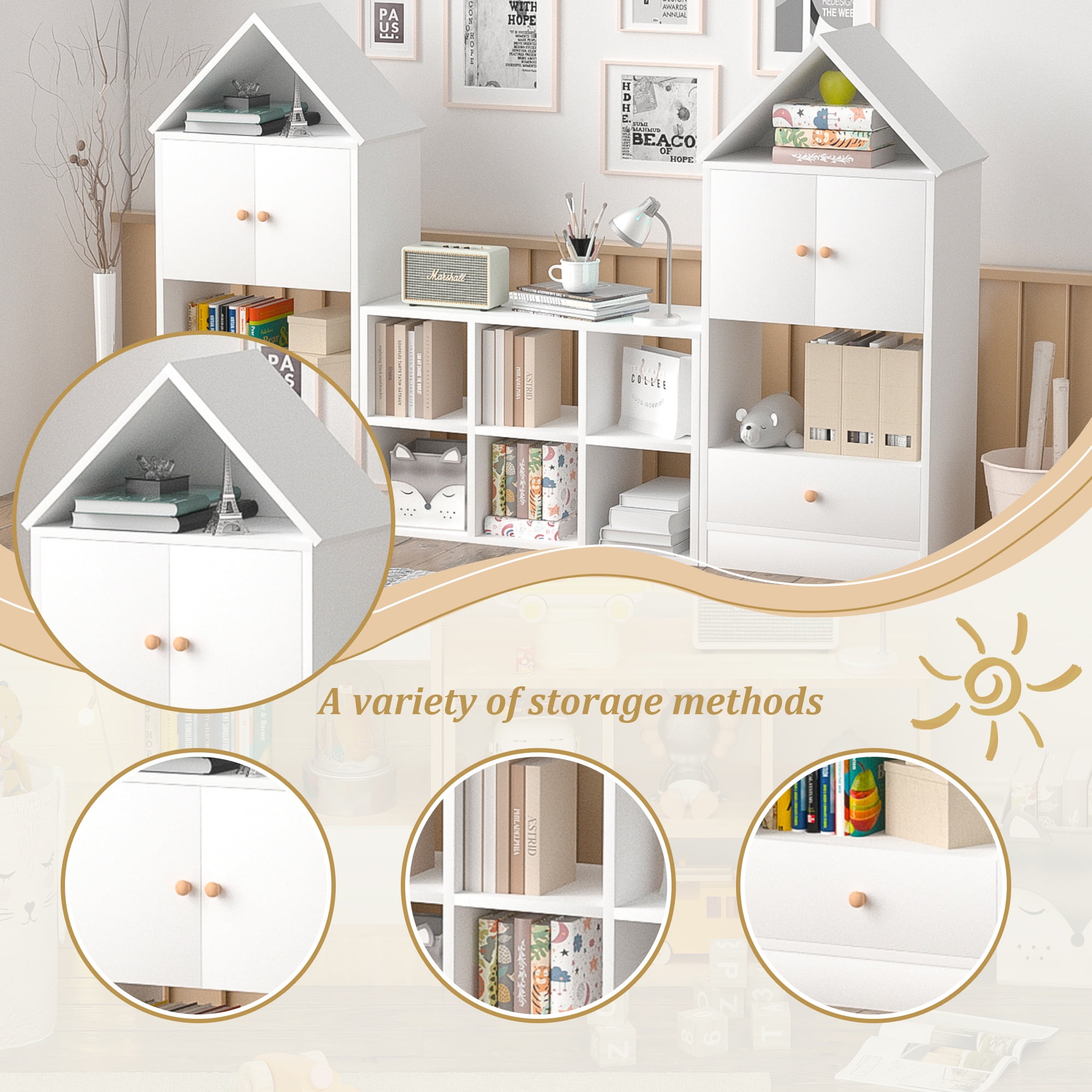 PORKISS Kids Bookshelf, Wooden Bookshelf for Kids with House-Shaped Design, Modern Toy Organizer with Storage for Playroom, Bedroom, White