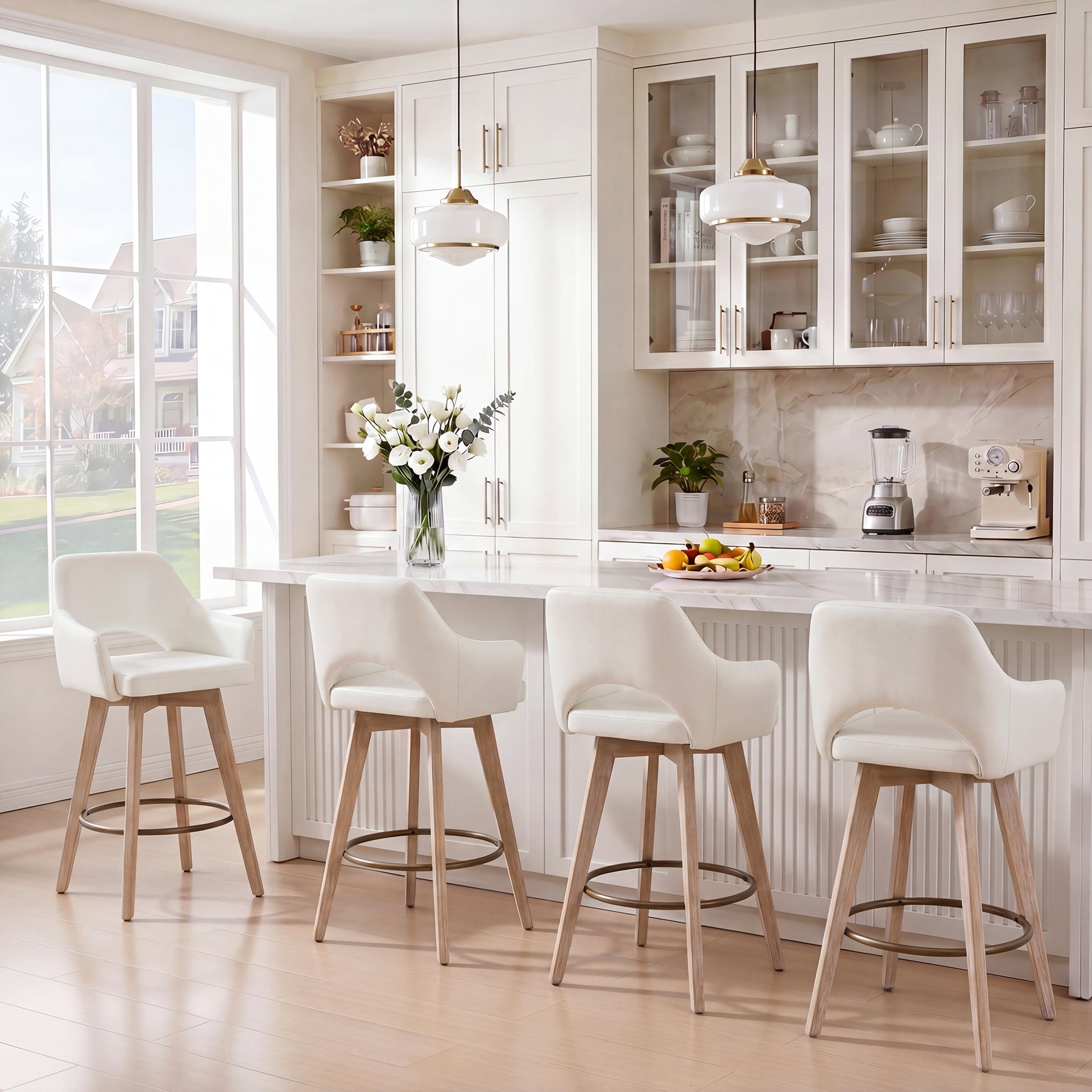 Zesthouse 26.8″ Swivel Counter Height Bar Stools Set of 2, Upholstered Faux Leather Bar Stools with Back and Wood Legs, Mid Century Modern Barstool Island Chairs for Kitchen Counter, Cream