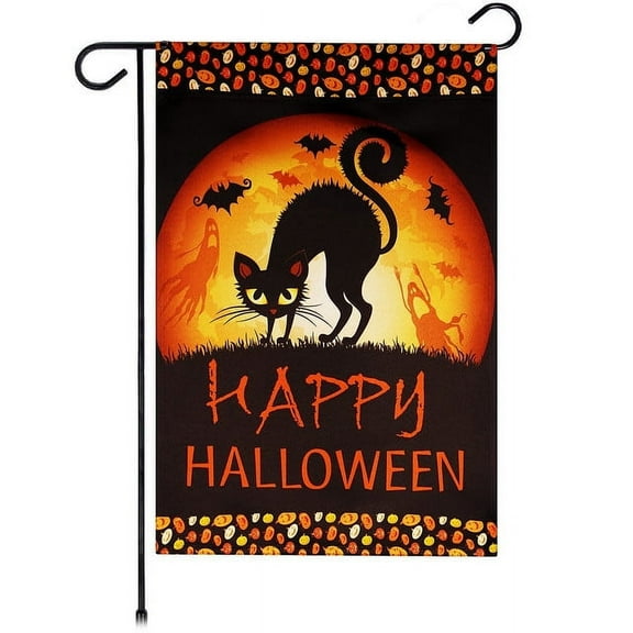 G128 Double-Sided Black Cat Halloween Garden Flag 12"x18" Outdoor Yard Flag for Porch or Lawn