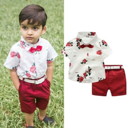 2Pcs Toddler Baby Boy Gentleman Clothes Floral Shirt + Shorts Formal Outfits Age For 1-7 Years