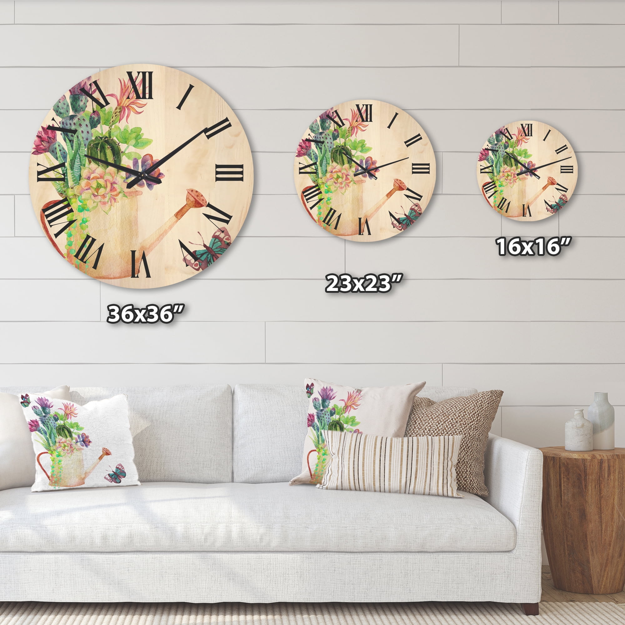 Designart 'Succulents In Old Watering Can With Butterfly' Farmhouse Wood Wall Clock