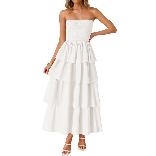 Vestido largo ZESICA Summer 2025 sin tirantes con hombros descubiertos - Blanco