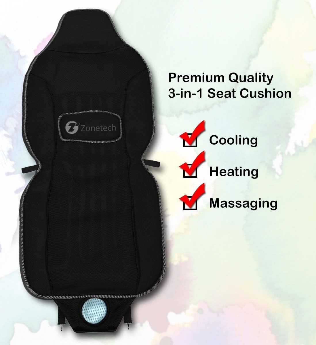 Zone Tech 3 In 1 Car Seat Cushion Black 12v Automotive Adjustable Temperature Comfortable Cooling Heating Massaging