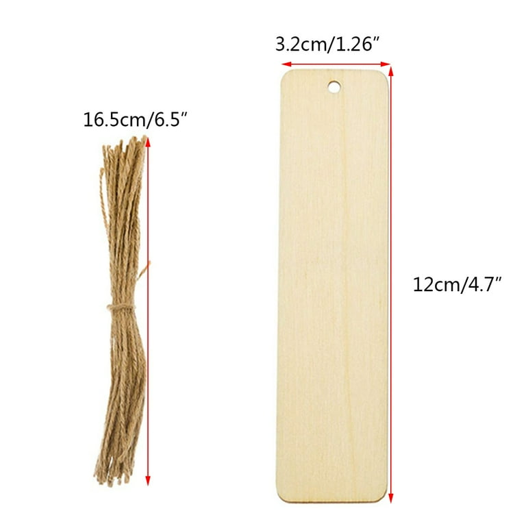 Wood Bookmark Bulk Blank Bookmarks with Ropes Wooden Book Markers Rectangle  Thin Hanging Tag with Holes for DIY 