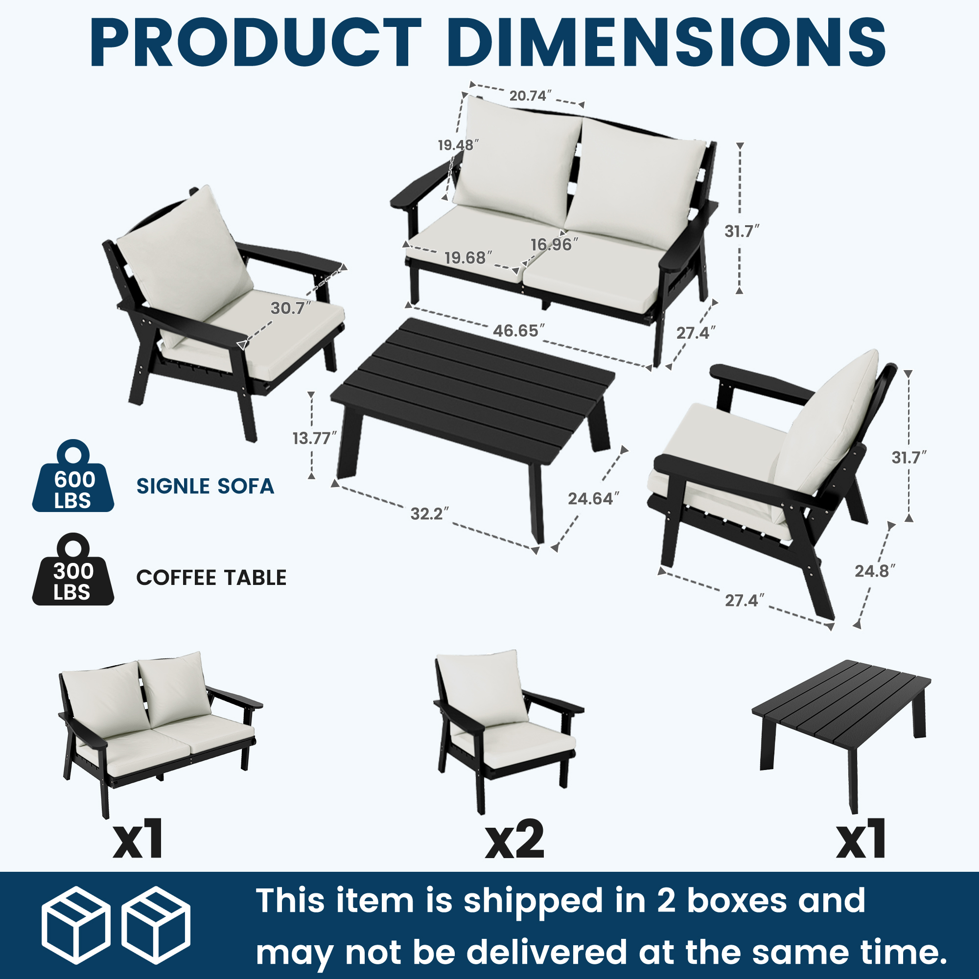FOOWIN 7-Piece Patio Furniture Set, HDPE Outdoor Conversation Set with 5 Seating & Cushions, Perfect Patio Sofa Set for Garden, Porch, Backyard, Black Frame with Beige Cushion