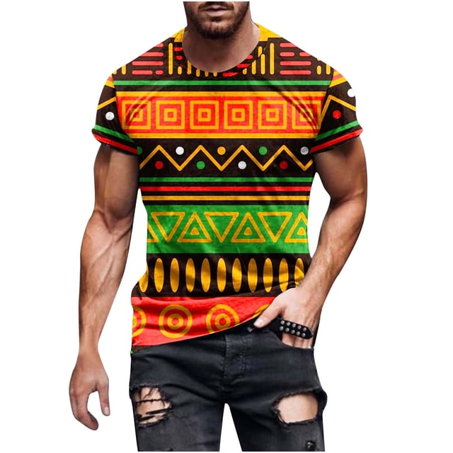 T-Shirt à Manches Courtes pour Hommes, Imprimé Rétro en Blocs de Couleur Col Rond Tee Décontracté, Tissu Doux pour Confort Quotidien