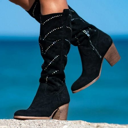 

TALKVE Boots For Women Fashion Casual Warm Long Boots High Boots Rough Heels Zipper Shoes