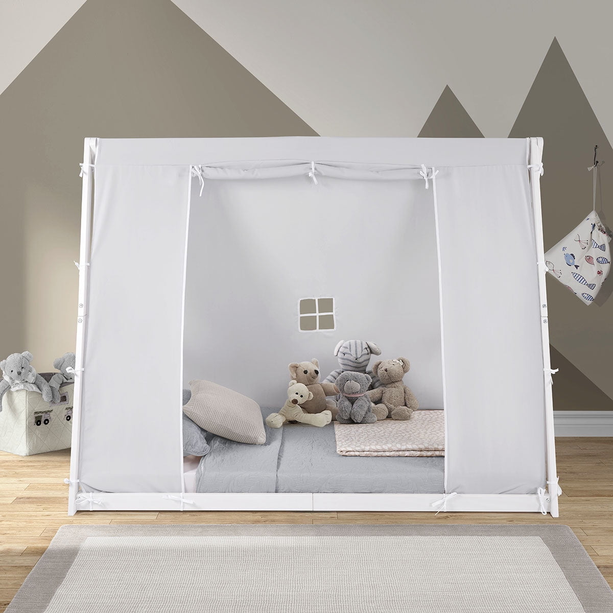 P'kolino Kids Tent Floor Bed - Twin, FSC Certified Wood, Washable Tent, White/Grey