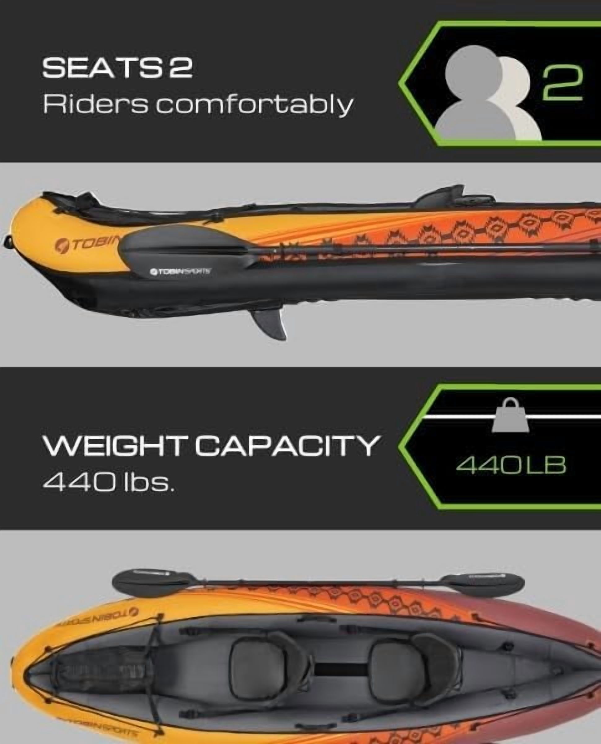 Tobin Sports Wavebreak Inflatable 2-Person Kayak - Complete with Pump and Patch kit