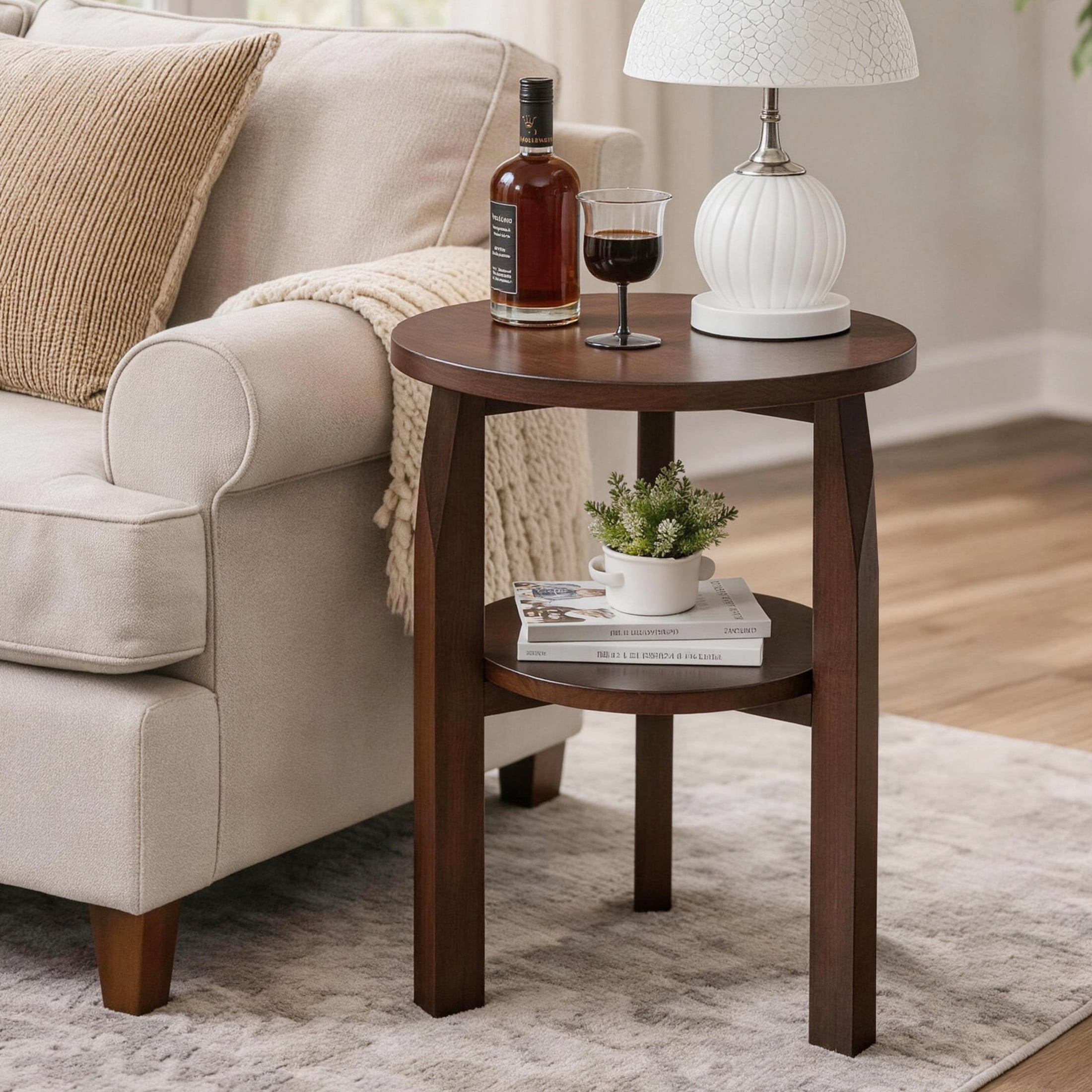 Noble House Round End Table with 2-Tier Storage Shelf, Side Table for Living Room or Bedroom, Walnut