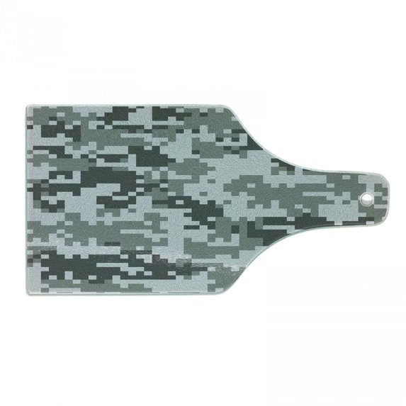 Camo Cutting Board, Digital Pixel Effect Modern Design Conceptual Commando Inspired Grey Toned, Tempered Glass Cutting and Serving Board, Wine Bottle Shape, Grey Pale Grey Grey, by Ambesonne