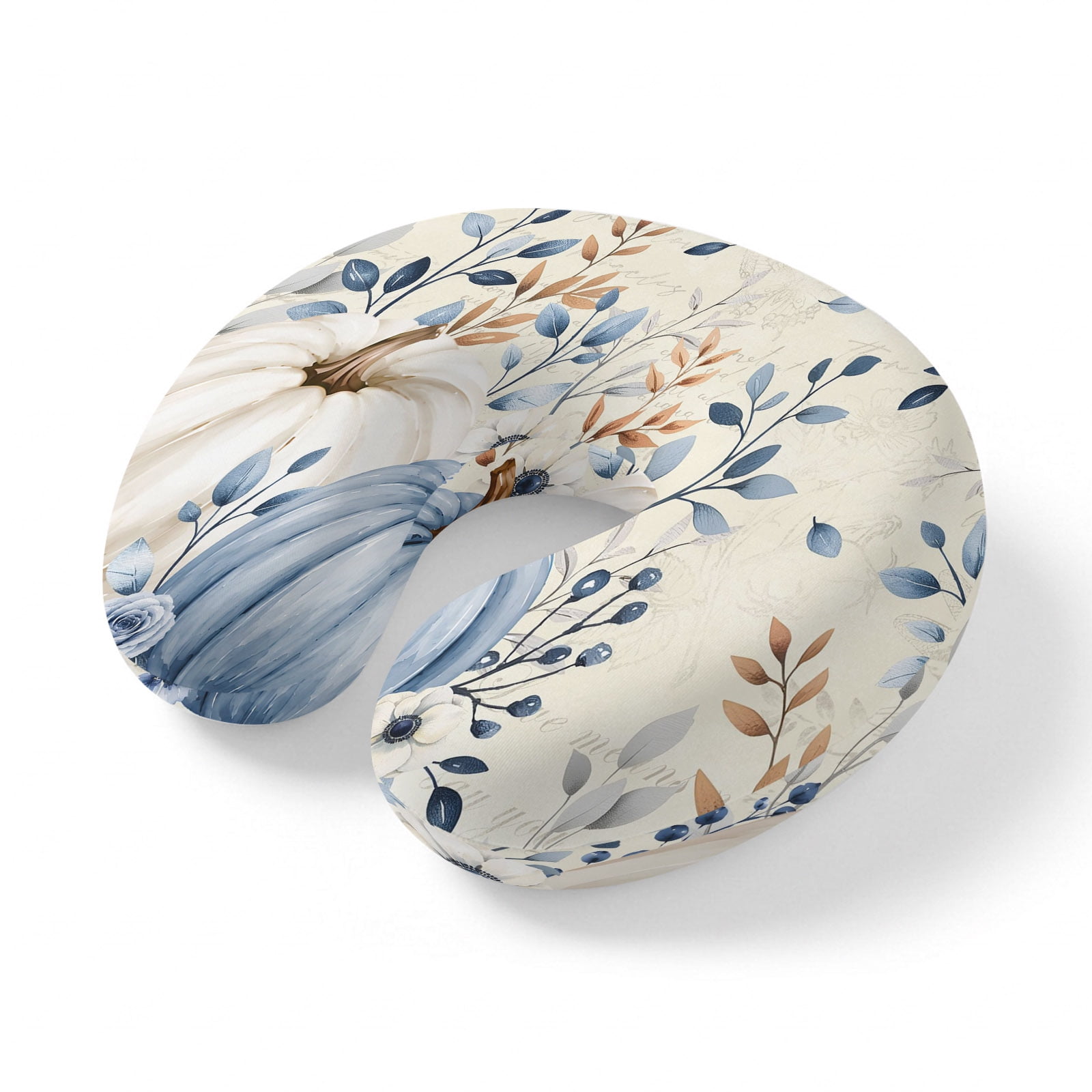 Neck Pillow Thanksgiving Pumpkin White Floral Foliage Travel Pillow Memory Foam U Shaped Pillows Vintage Letter Travel Neck Pillows for Airplane Car Office Home Sleeping Rest